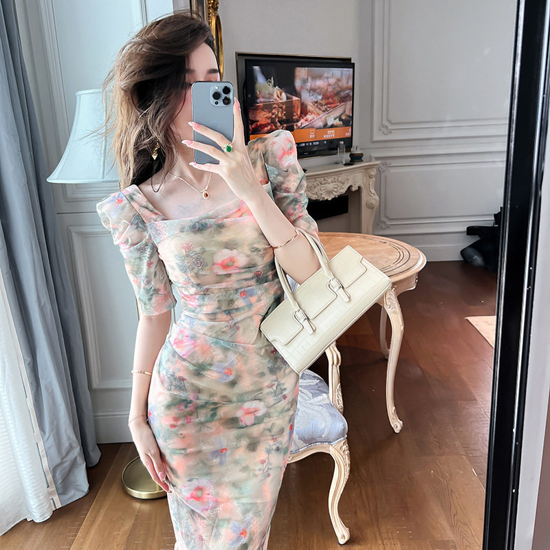 Đầm maxi nữ thắt eo cổ vuông họa tiết hoa retro Pháp — [Xanh lá]