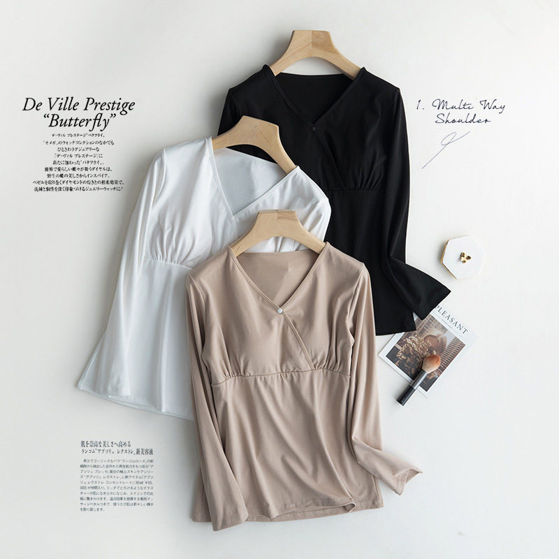 Pure Cotton Breastfeeding Clothes with Chest Pad Long-Sleeved Crossed Non-Wearing Underwear Monthly Clothes Pregnant Women's Postpartum Breastfeeding Clothes Base Clothes