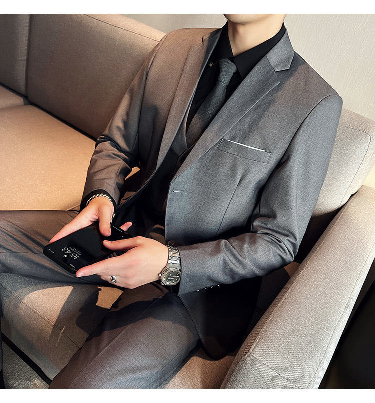 Bộ vest nam ôm dáng ba món phong cách công sở và dự tiệc cưới — Màu xám (áo một nút + áo vest + quần), Màu xanh navy (áo một nút + vest + quần), Màu xám (áo một nút + quần), Màu xám (áo đơn một nút)