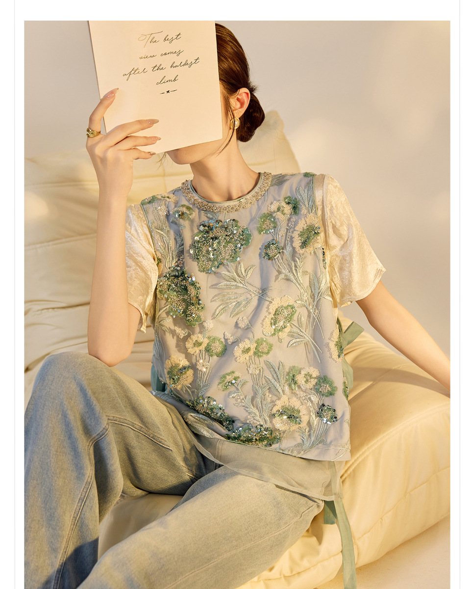 Áo vest nữ thêu cườm đính đá cổ tròn phối hoa văn — Jiyue Blue (giao hàng trong 7 ngày), Jiyue Blue (phát hành cùng ngày)
