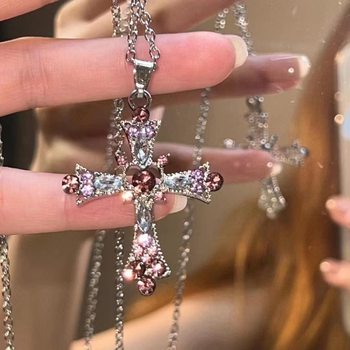 Sweet Cool Style Sexy Cross Necklace Women's Heavy Industry Diamond Gothic European and American Style Y2K Necklace Design Clavicle Chain