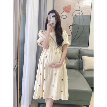 2025 New Maternity Summer Dress, French Style Puff Sleeve Floral Skirt, Petite Maternity Summer Suit