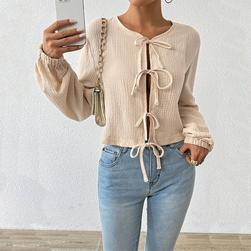 Elegant Womens T Shirt Loose Fit Short Length Tie Front Design Autumn Winter Casual Wear Wholesale Available