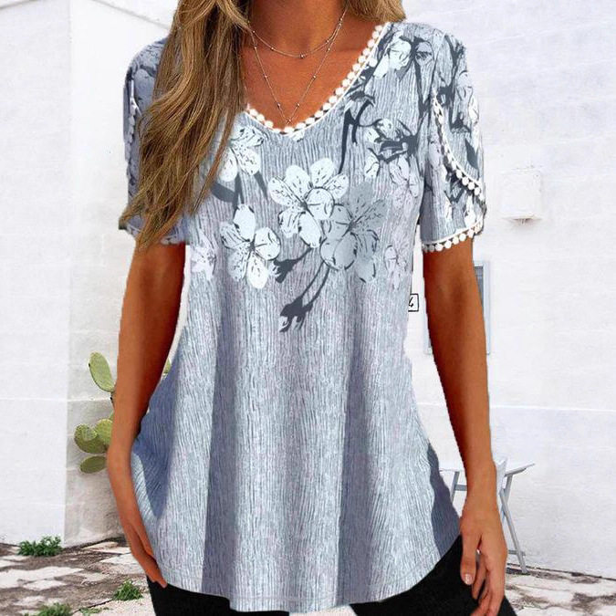 Womens Summer V Neck Floral Print Top Short Sleeve Lace Trim Comfortable Casual Style Wholesale Available