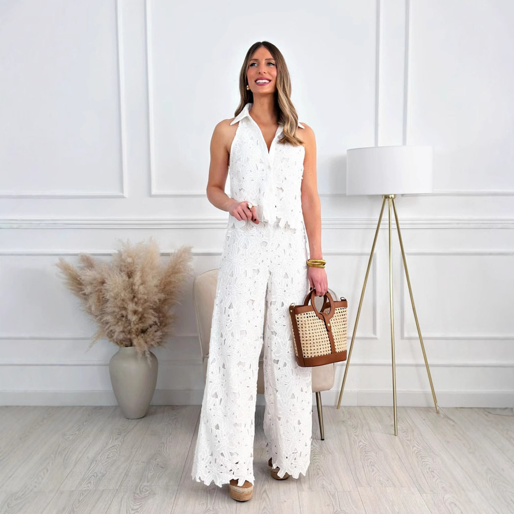 French Summer Embroidered Hollow V Neck Tank Top and Wide Leg Straight Pants Set Elegant Design Perfect for Casual