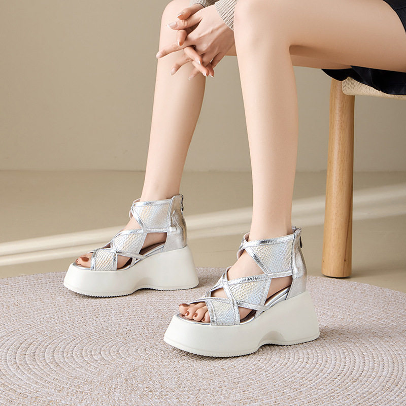 Sandal cao gót nữ hở mũi đế xuồng 10 cm, phong cách đơn giản, tăng chiều cao — [Màu kem], [Màu bạc]