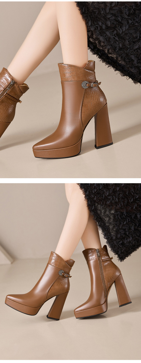 Boot nữ cổ thấp da bò mũi nhọn gót nhọn siêu cao phối khóa kéo bên — màu đen, nâu