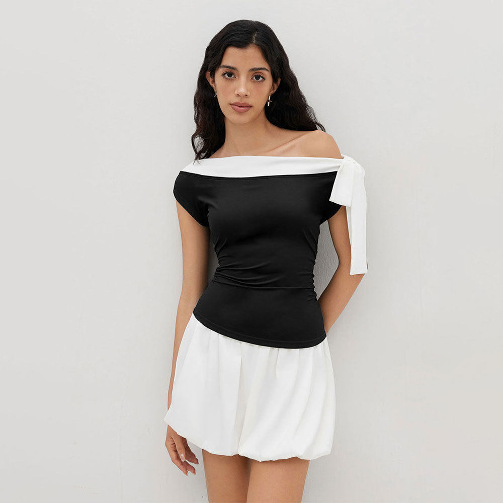 Elegant Black and White Color Block Sleeveless Top Slim Fit Off Shoulder Bow Tie Detail Perfect for Casual or Evening
