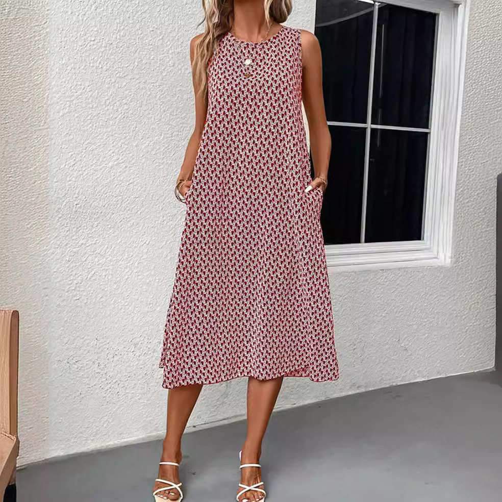 Summer Womens Sleeveless Dress Round Neck Fashionable Commuter Style Perfect for Casual Outings Wholesale Available