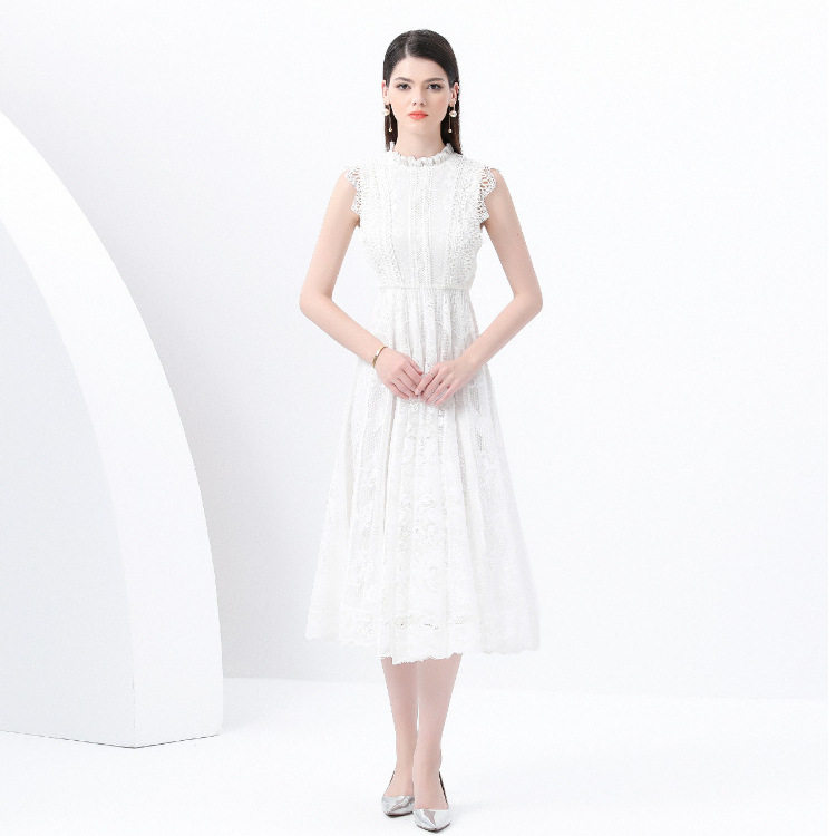 Vintage French Romantic Sleeveless Dress Lace Mesh Design Flowy A Line Elegant Evening Wear Wholesale Available