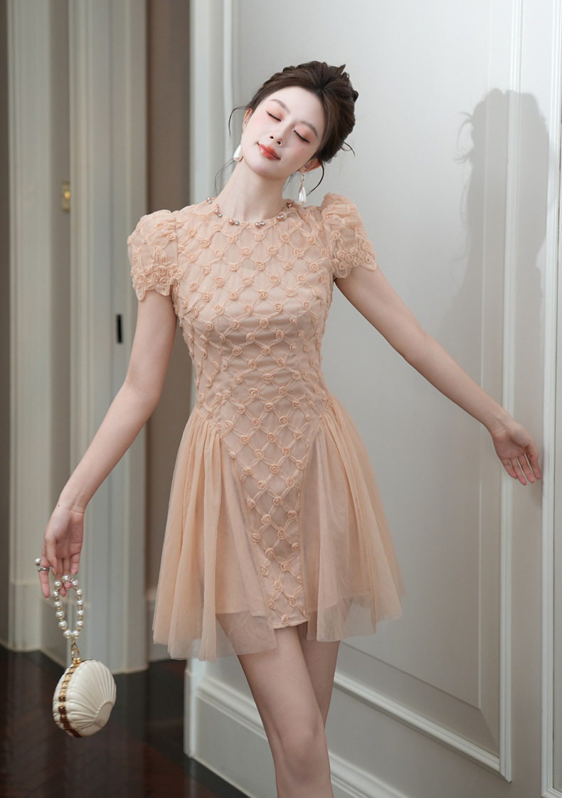 Đầm suông nữ cổ tròn tay bồng chất lưới xòe chữ A — [Hồng sâm banh] chi tiết 12