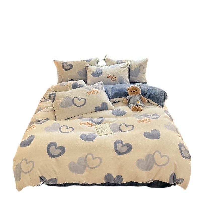Winter Bed Four-piece Milk Velvet Quilt Cover Flannel Bed Sheet Student Dormitory Double-sided fleece-lined Three-piece Set Home