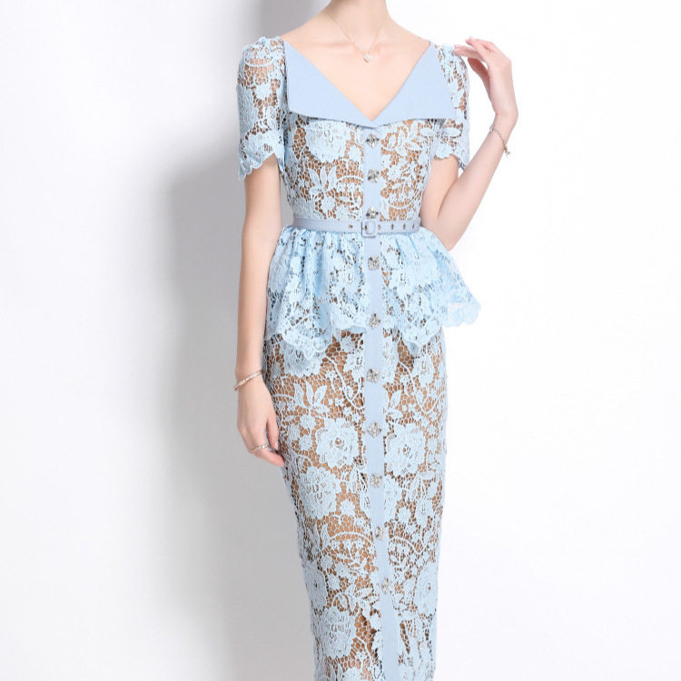 Vintage Style Summer Dress for Women Short Sleeve Doll Collar Beaded Slim Fit Lace Embroidery Elegant Evening