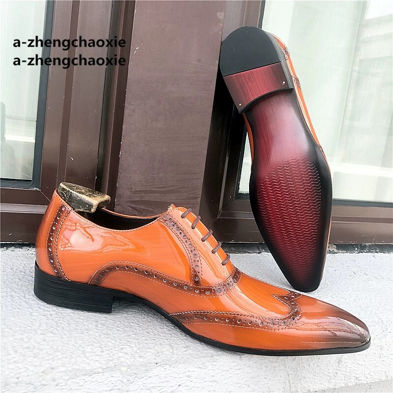 Giày da nam mũi nhọn chạm khắc phong cách Anh Quốc, giày brogue buộc dây đi tiệc và dạo phố — Cà phê ba khúc, Đầu ba khúc màu đen, Khắc hoa văn màu cam, Khắc hoa văn màu đen