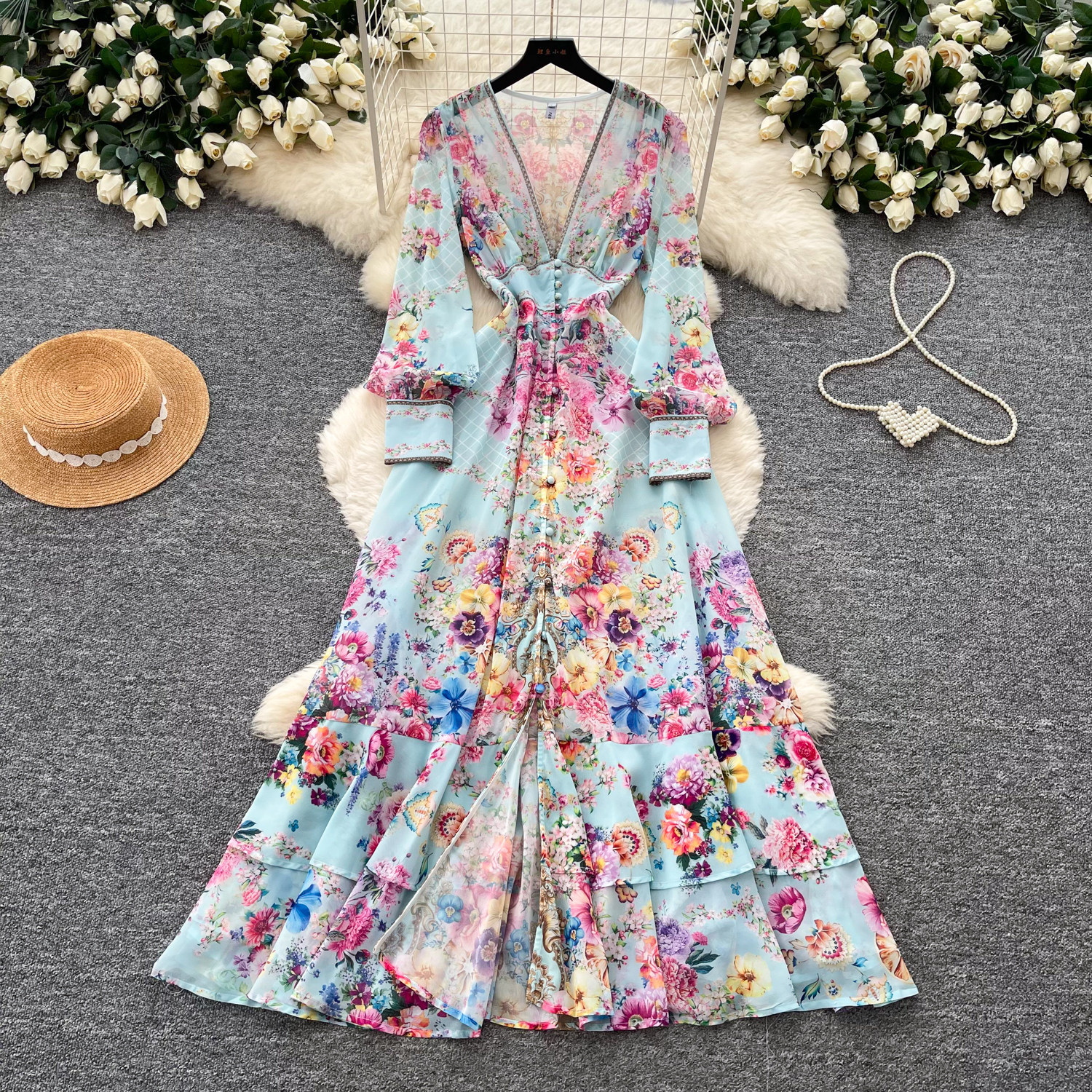 Floral Print Long Sleeve A Line Dress French Vacation Style Bell Sleeves Waist Tie Elegant Design Perfect for