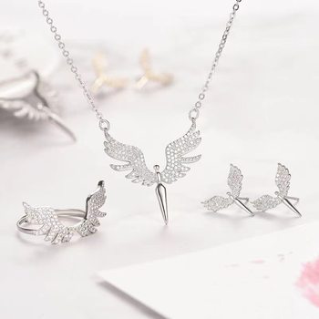 silver titanium steel jewelry suit hot guardian angel wings suit necklace earrings ring diamond does not fade