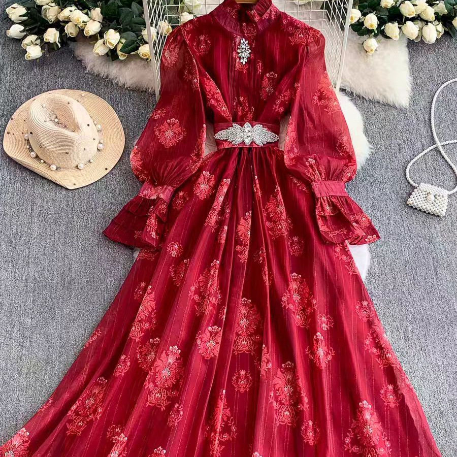 French Court Style Embroidered Lantern Sleeve Dress Summer Slim Fit A Line Rhinestone Accents Elegant Evening Wear