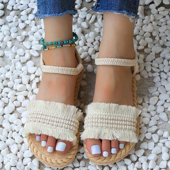 Women's One-word slippers hemp rope straw woven summer new outdoor hanging beads bow slippers outer wear flat heel slip-on