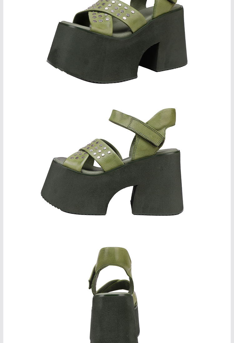 Sandal nữ da bò thật gót siêu cao đế dày kiểu La Mã đính đinh tán — Màu đen, Màu xanh lá
