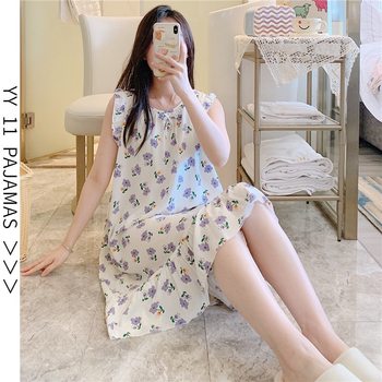YY New Princess Style Cotton Silk Nightdress Female Summer Student Pregnant Women Cartoon plus size Nightdress Sweet Cute Home Clothes