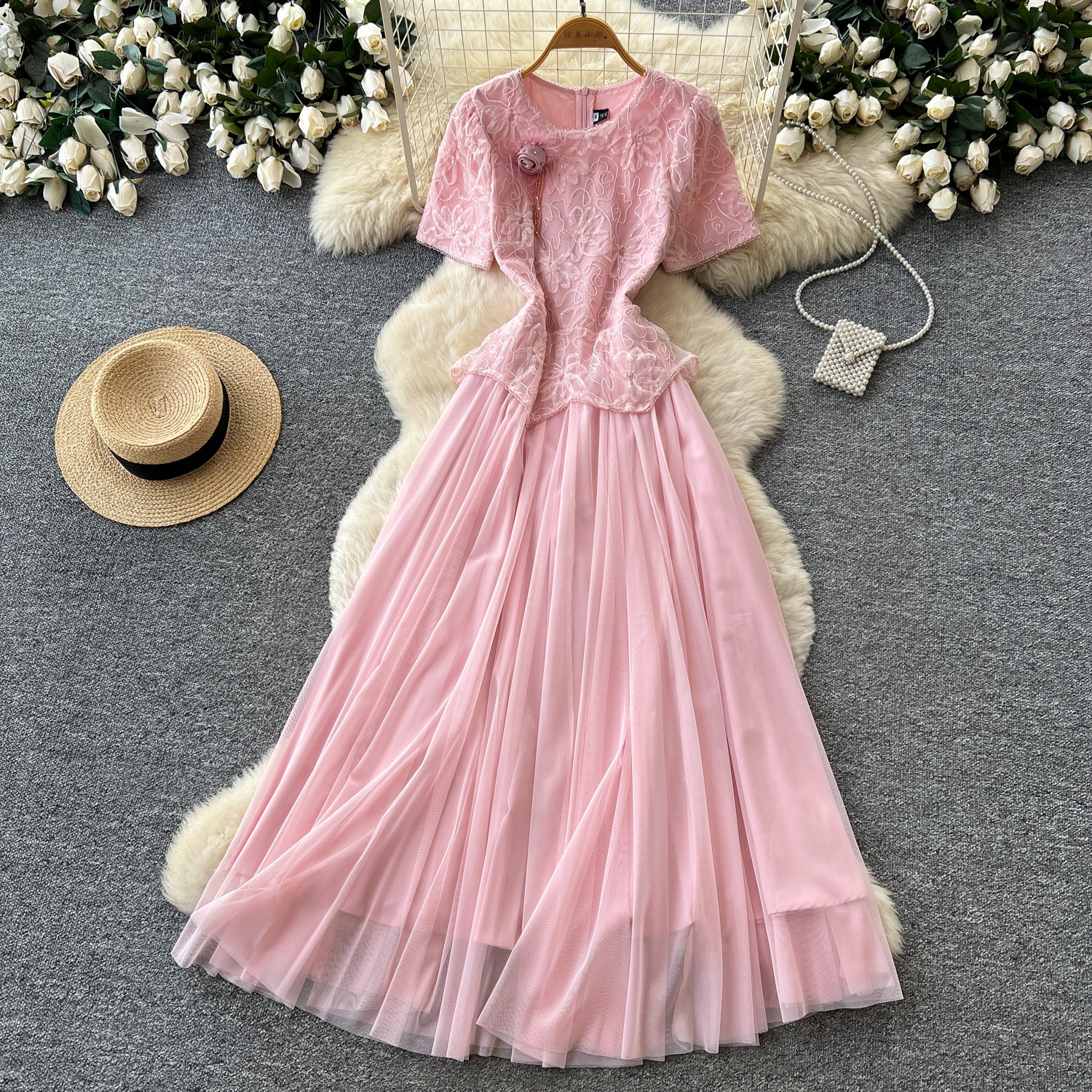 Pink Lace A Line Dress for Women Slim Fit Sheer Mesh Elegant Style Perfect for Summer Commute Wholesale Available