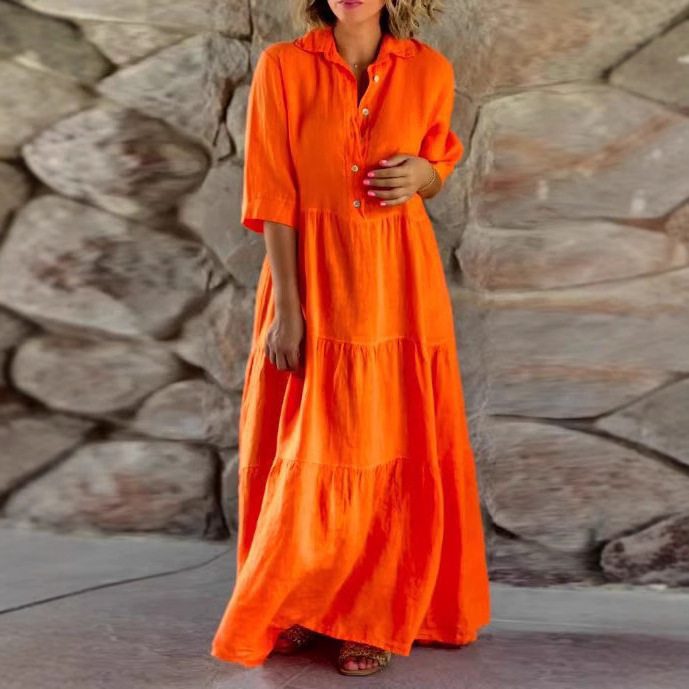 Womens Loose Fit Button Up Dress Solid Color Long Sleeve Collared Summer Casual Wear Wholesale Available