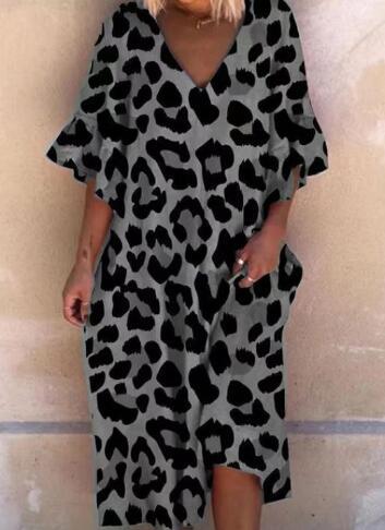 Leopard Print V Neck Ruffle Sleeve Plus Size Dress for Women Casual Summer Wear low MOQ