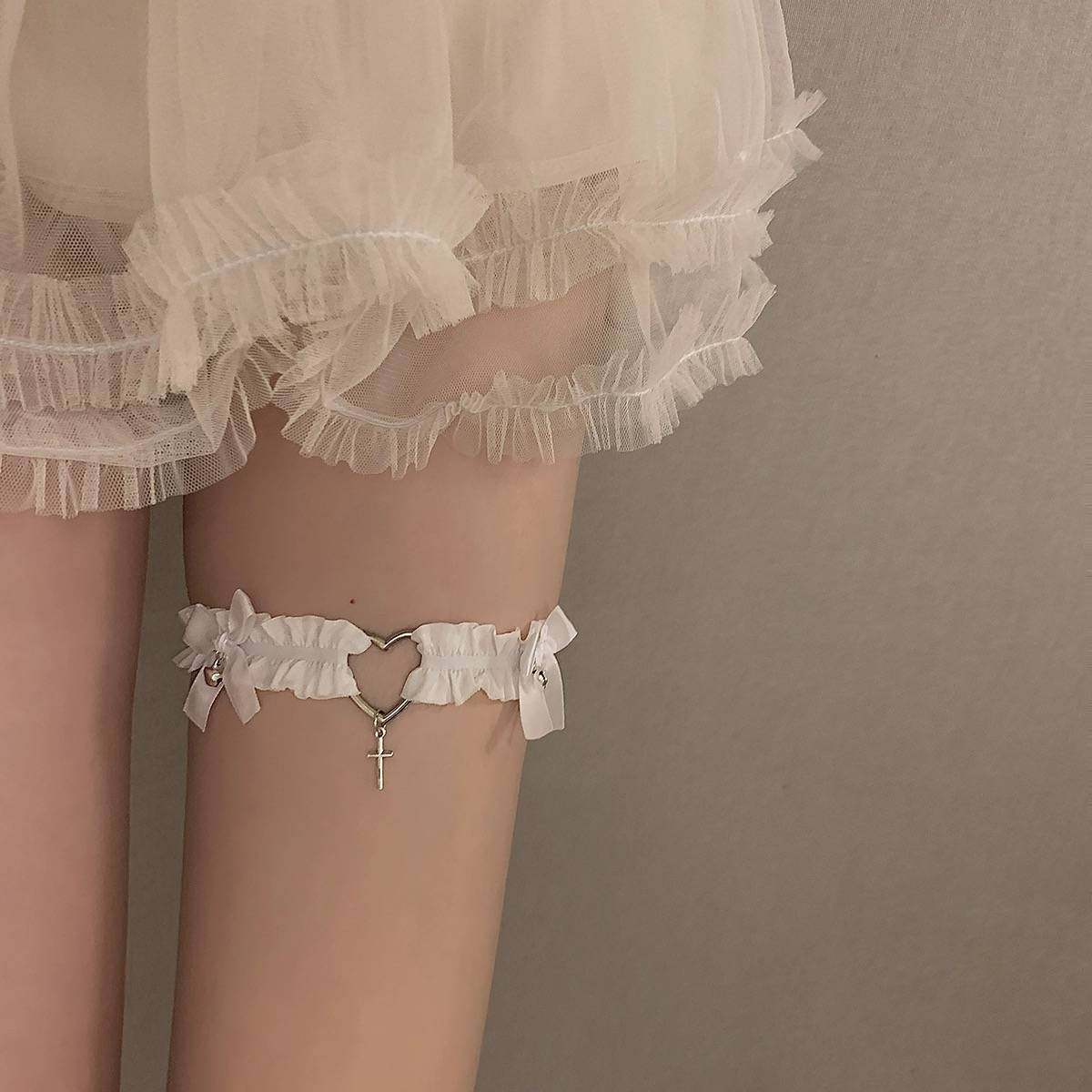 Bow love Bell leg ring female punk lace thigh jewelry neck strap collar clavicle chain accessories leg chain