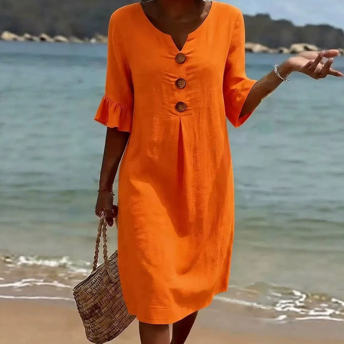 Womens V Neck Ruffle Sleeve Dress Comfortable Elegant Design Summer Casual Wear Wholesale Available