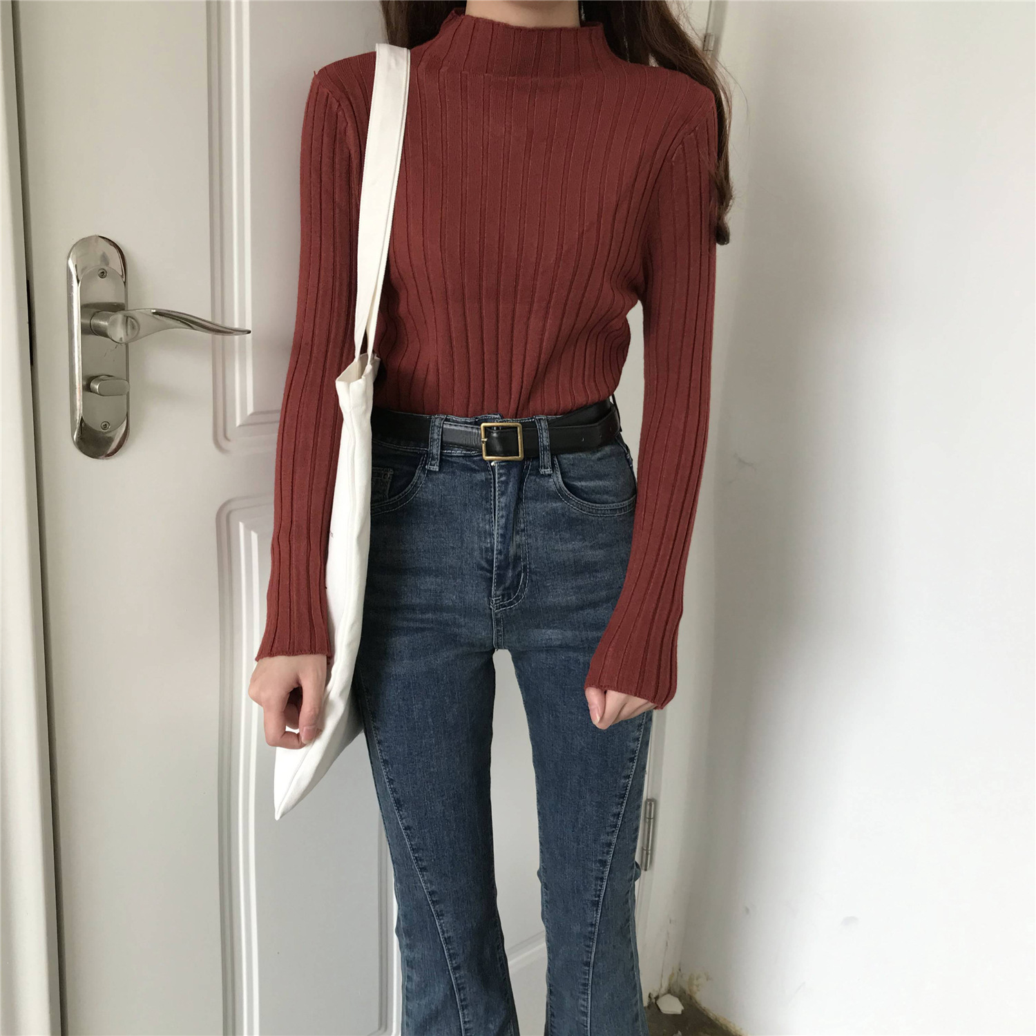 坑条半高领打底衫女士内搭毛衣女秋冬白色洋气百搭上衣黑色针织衫