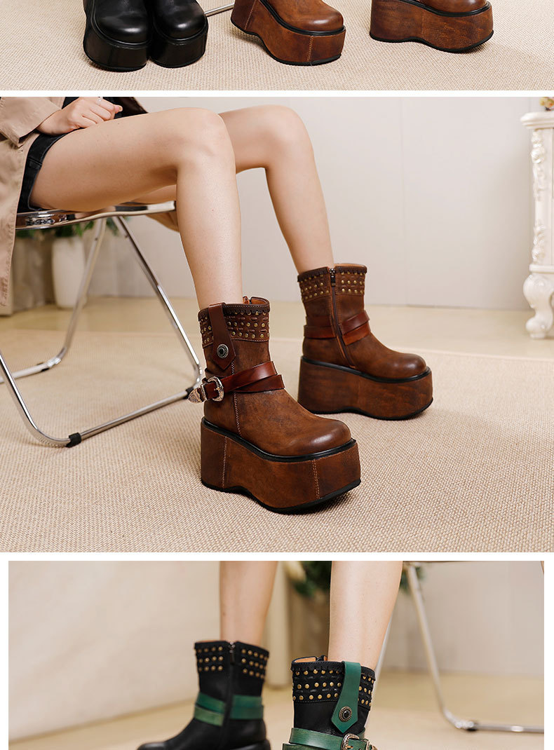 Boot nữ cổ trung da bò thật đế dày khóa kéo bên hông — Màu cà phê, Màu đen