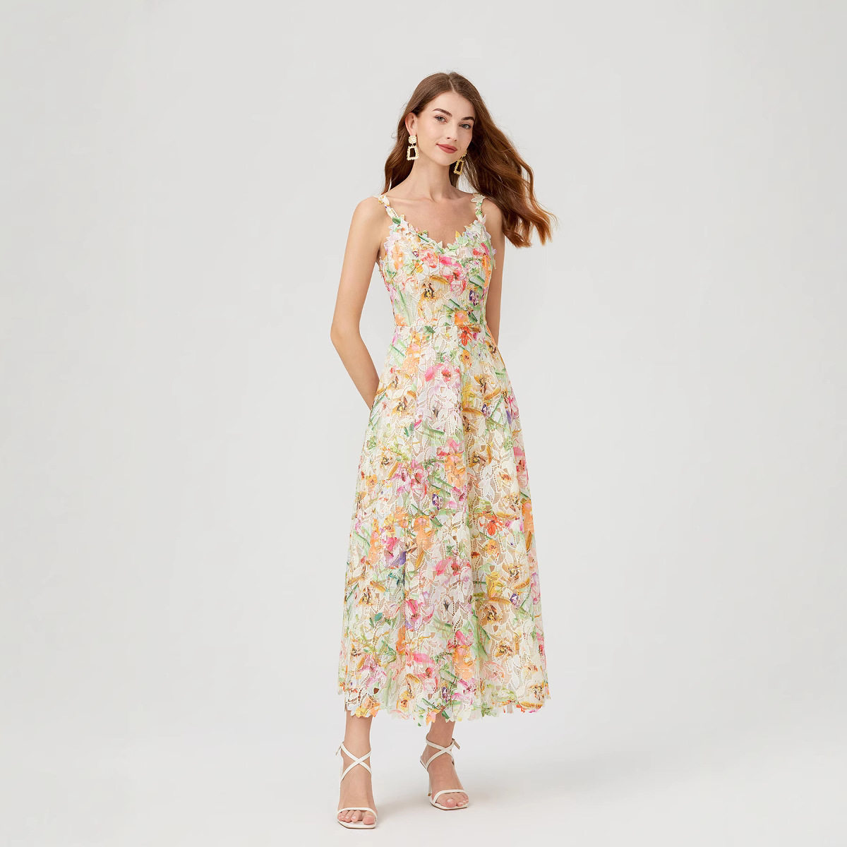 French Inspired Summer Dress Colorful 3D Floral Embroidery Hollow Out Design Lace Fabric Perfect for Casual Outings