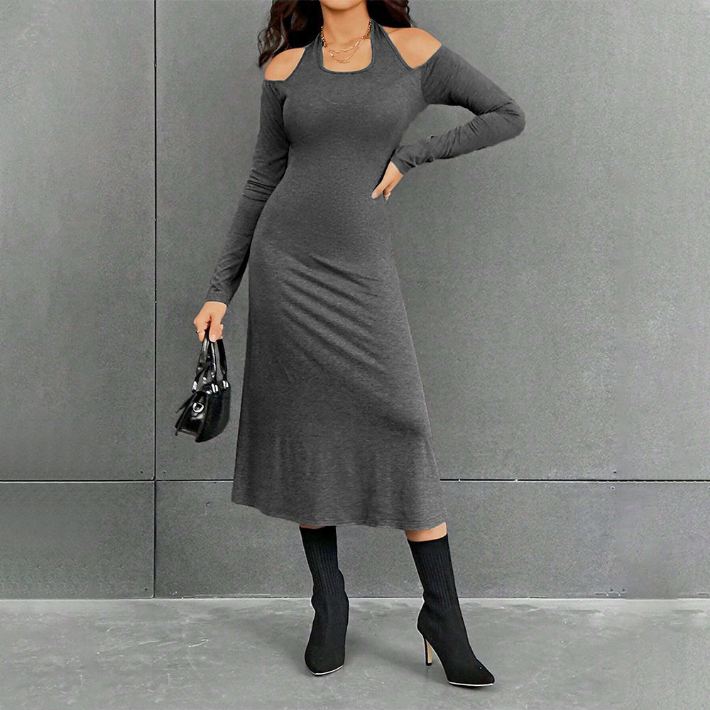 Fashionable Womens High Waist Solid Color Midi Dress Simple Design Halter Neck Slim Fit Autumn Winter Wear