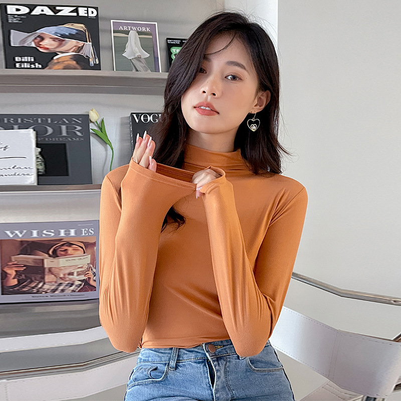 牛奶丝半高领打底衫女秋冬纯色内搭堆堆领修身长袖t恤面膜秋衣潮