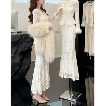 French Style Raw Edge V-Neck Waist Long-Sleeved Lace Shirt High-Waisted Skirt for Women 2025 Autumn and Winter New Two-Piece Set