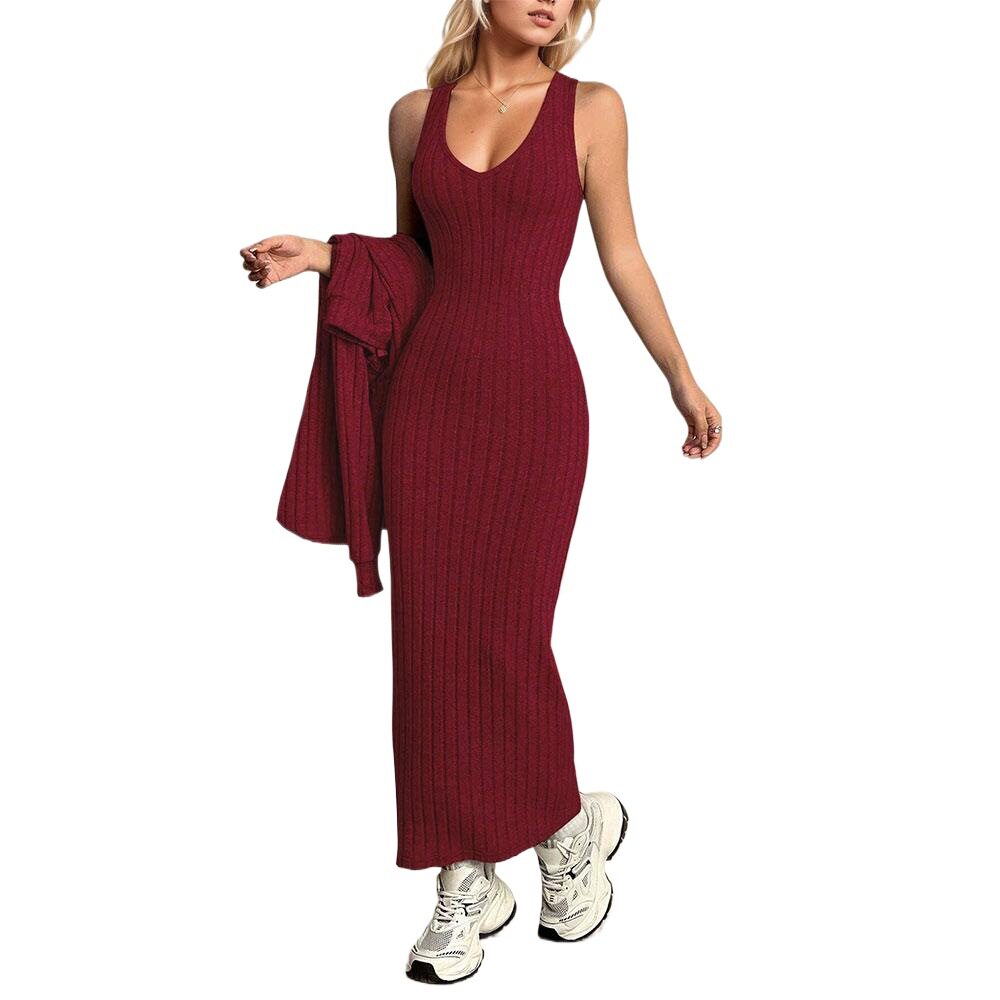 Womens Solid Color Knit Two Piece Dress Set Elegant Commuter Style Perfect for Spring and Summer Wholesale Available