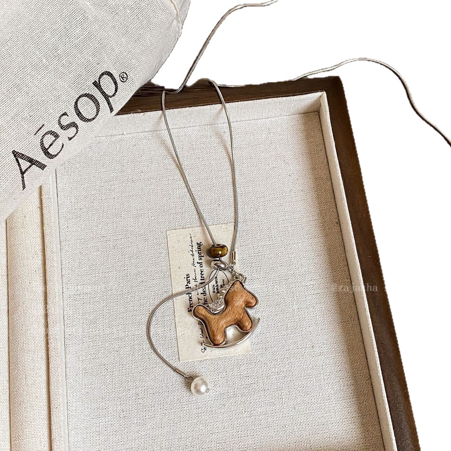 Wooden Pony Pendant Necklace for Women 2025 New Autumn and Winter Long Sweater Chain Retro Animal Year Good Luck Accessories