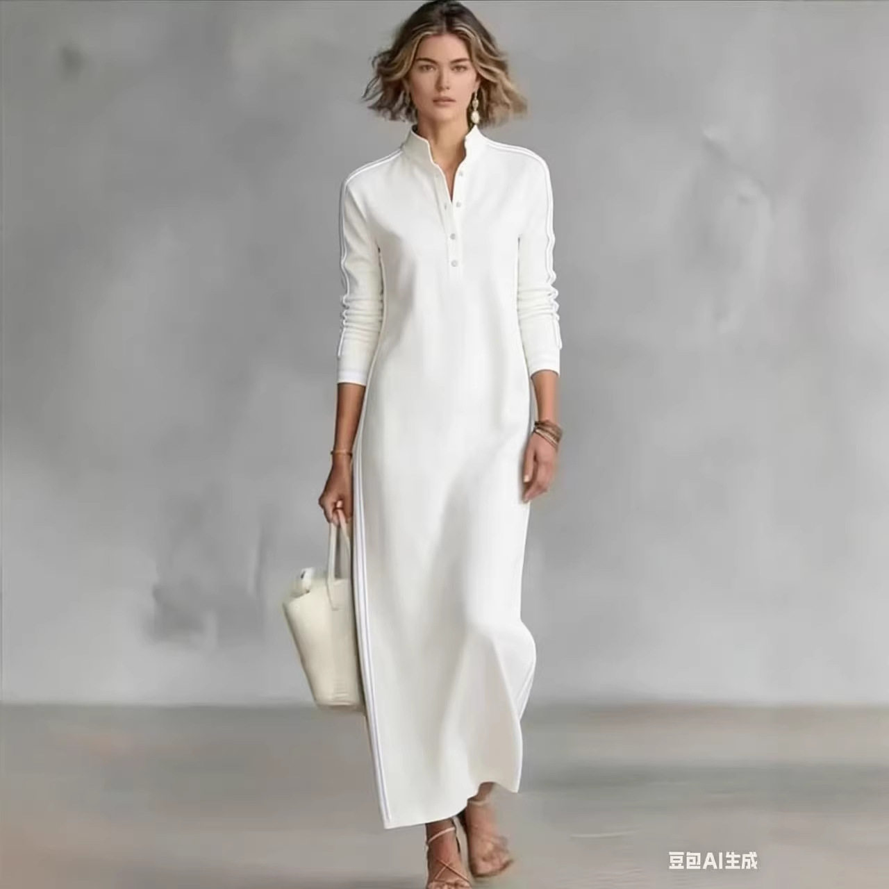 2026跨境外贸速卖通新款女士阿拉伯风格简约纽扣领长袖长款连衣裙