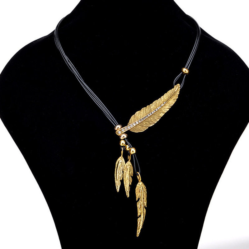 Cross-Border European and American Jewelry Feather Leaf Diamond Black Leather Rope Multi-Layer Tassel Necklace Women's Clavicle Chain Sweater Chain