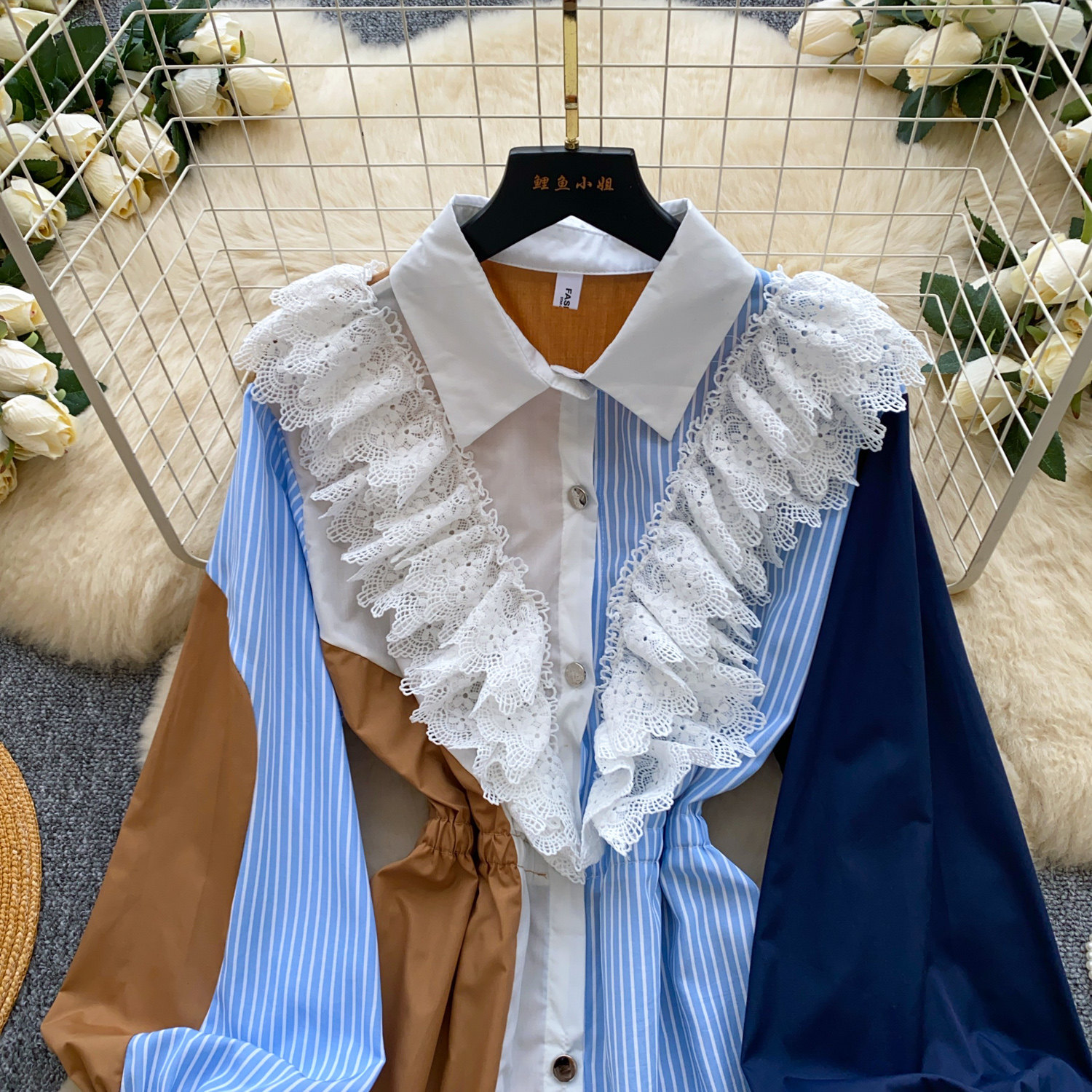 Vintage Color Block Two Piece Shirt Dress Long Sleeve Striped Waist Defined Mid Length Summer Casual Wear