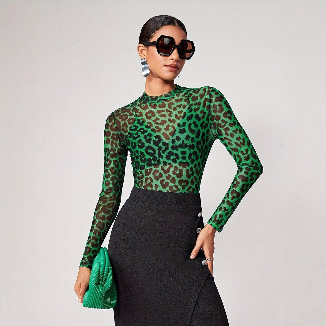 Womens Sheer Long Sleeve T Shirt Leopard Print Round Neck Lightweight Fabric Summer Fashion Wholesale Available