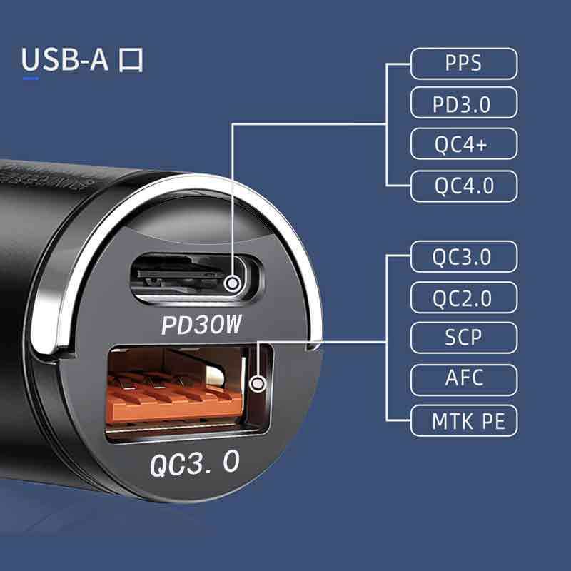 Metal pull ring PD30W super fast charging invisible car charger super fast charging 100W car charger QC3.0 flash charging