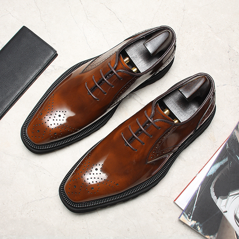 Giày da nam buộc dây đế dày họa tiết brogue mũi vuông — đen, màu