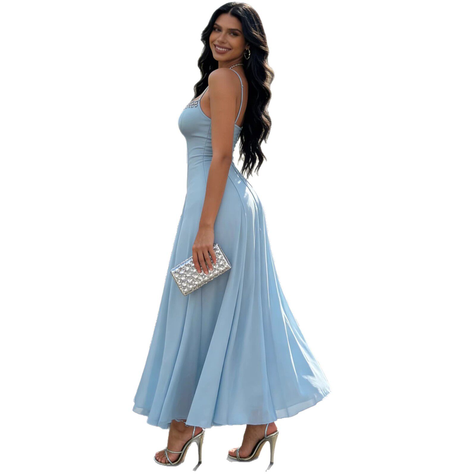 French Style Embellished A Line Dress Rhinestone Detail Mesh Fabric Slim Fit Spaghetti Straps Evening Wear