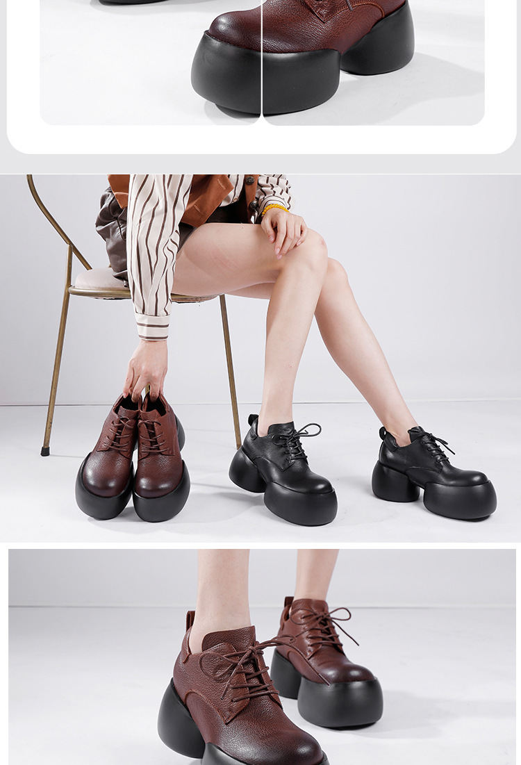 Boot Martin nữ da bò thật cổ ngắn gót thô buộc dây — Màu nâu đậm