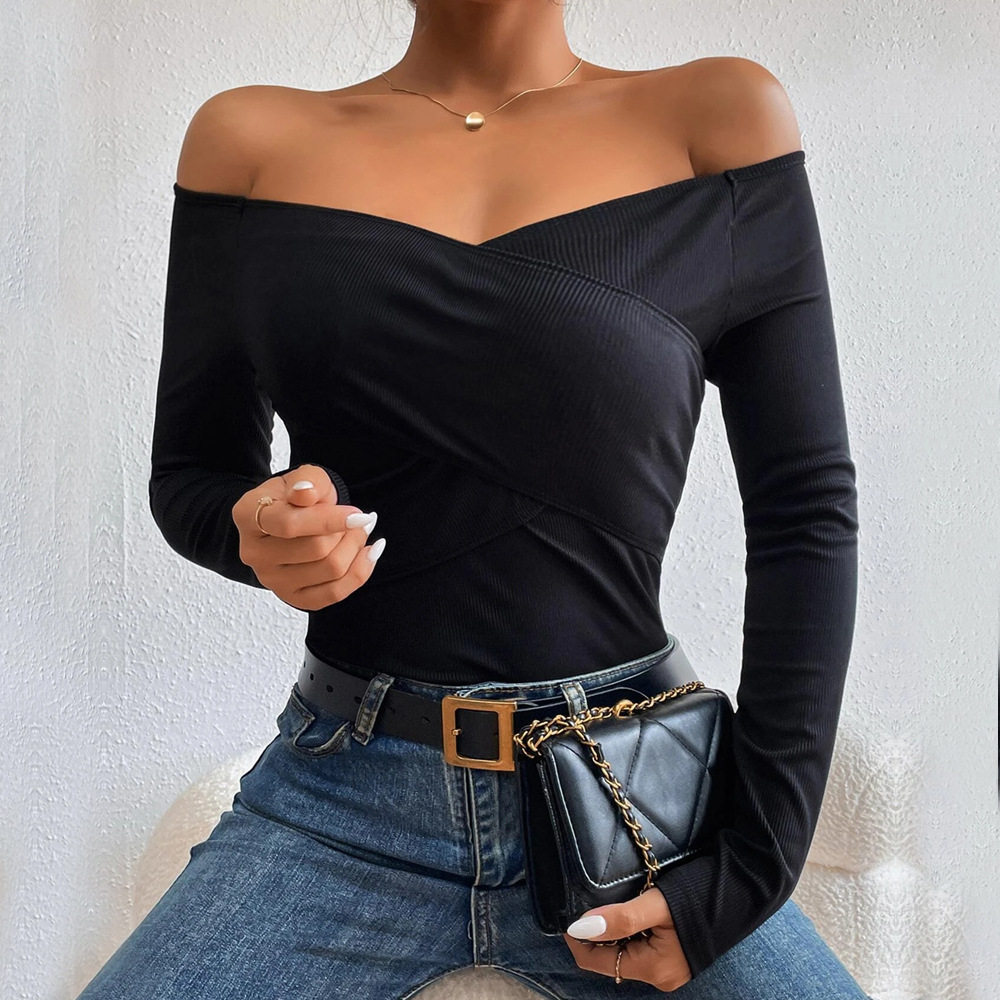Slim Fit Long Sleeve Knit T Shirt Off Shoulder Neckline Elegant Style Comfortable Fabric Perfect for Casual Wear