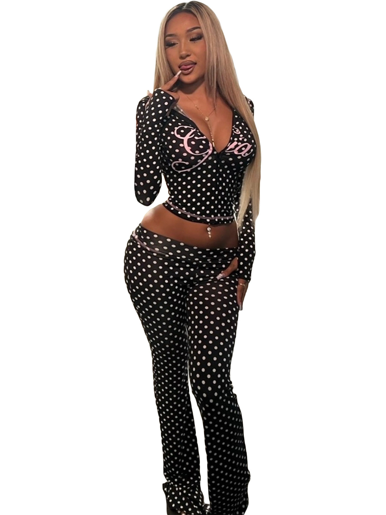 HR25071 欧美时尚女装跨境货源印花连帽长袖拇指扣微喇叭两件套装