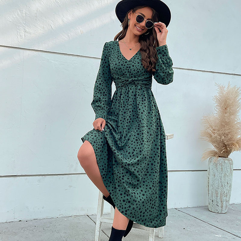 Long Sleeve Leopard Print Maxi Dress Green Color Trendy Design Autumn Fashion Wholesale Available