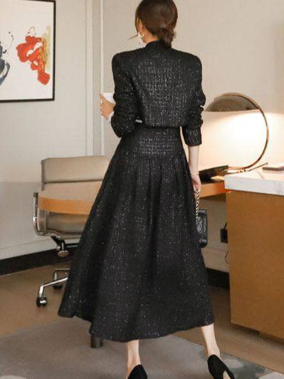 Yujie fan new two-piece Korean style socialite temperament woolen short coat + waist-tight large swing dress Hepburn suit