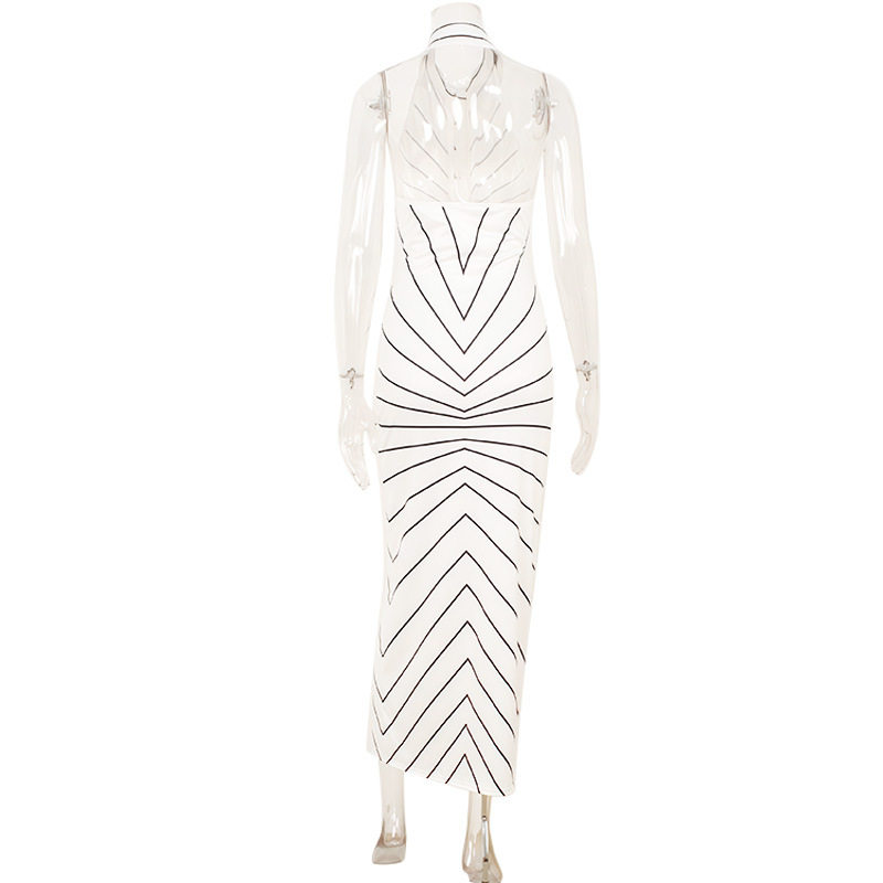 Striped Print Halter Neck V Neck Dress Twist Front Backless Waist Cinching Elegant Evening Gown for Special Occasions